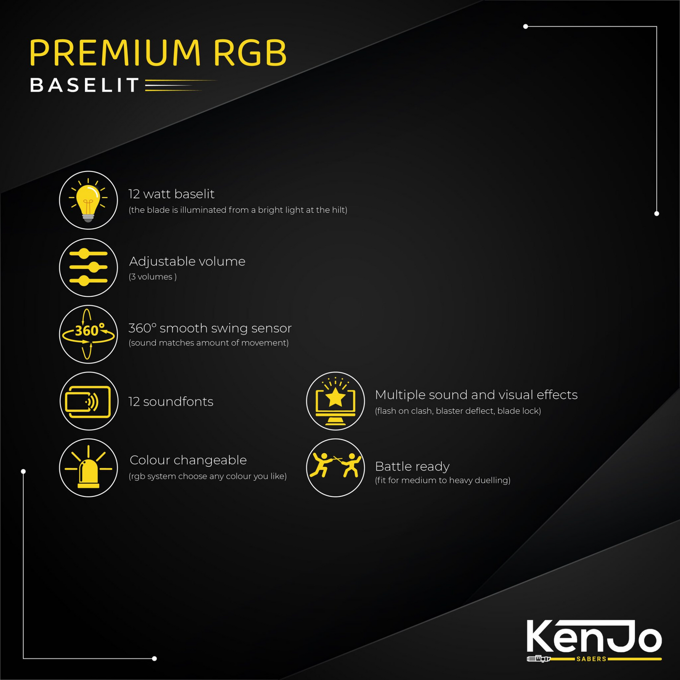 KenJo Sabers Premium RGB Baselit functions