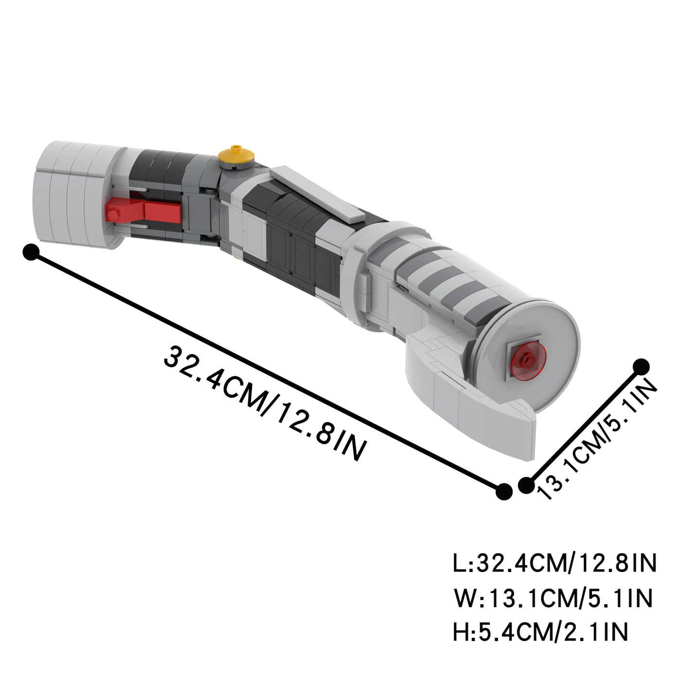 Afmetingen van de Super Bricks Counts Curve lightsaber weergegeven in centimeters