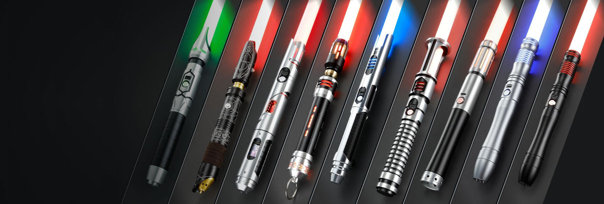 KenJo Exclusives: negen originele KenJo lightsaberontwerpen in schuine panelen.